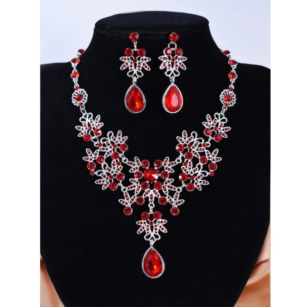 Bling Ruby Red Necklace Earring Set Silver Tone Glam